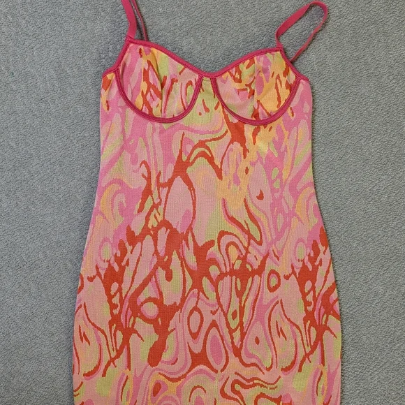 ZARA Pink Orange Abstract Slip Mini Dress Y2K Psychedelic Bodycon Festival - M - Picture 12 of 12